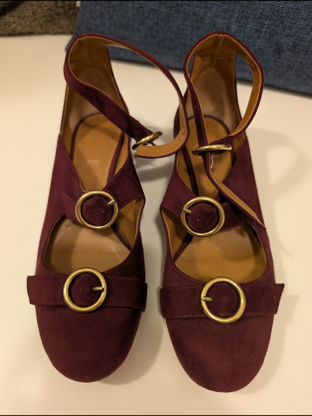 Chloe Burgundy Suede Heels with Gold Buckles